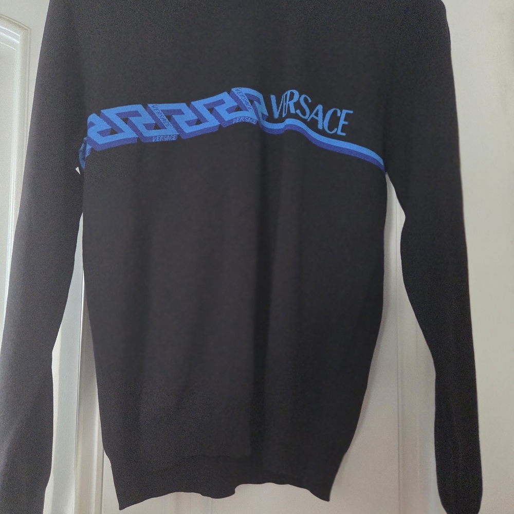 Versace Men's Black Sweater with Blue Accents